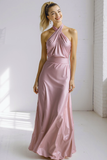Champagne Satin Criss Cross Halter Maxi Bridesmaid Dress