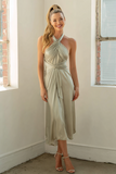 Dusty Sage Midi Satin Criss Cross Halter Bridesmaid Dress
