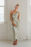 Dusty Sage Maxi Satin One Shoulder Ruched Sheath Bridesmaid Dress