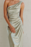 Dusty Sage Maxi Satin One Shoulder Ruched Sheath Bridesmaid Dress