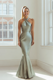 Dusty Sage Maxi Mermaid Criss Cross Halter Bridesmaid Dress