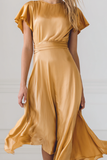Yellow Flutter Sleeves A Line Satin Midi Bridesmaid Dress