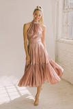 A Line Light Pink Halter Satin Midi Bridesmaid Dress