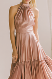 A Line Light Pink Halter Satin Midi Bridesmaid Dress