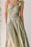Dusty Sage Maxi Satin One Shoulder Bridesmaid Dress with Knot