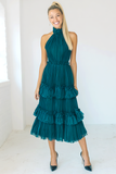 Peacock Blue Tiered Tulle Halter Pleated Midi Bridesmaid Dress with Ruffles