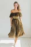Brown Pleated Velvet A Line Off the Shoulder Midi Bridesmaid Dress