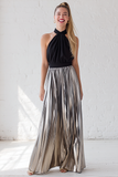 Silver and Black Metallic Halter Pleated Maxi Bridesmaid Dress