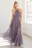 Lilac Pleated Tulle Halter A Line Maxi Bridesmaid Dress