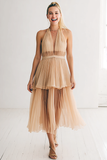 Khaki Halter Tiered Tulle Pleated Maxi Bridesmaid Dress with Ruffles