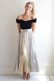 Silver and Black Metallic Pleated Off the Shoulder Maxi Bridesmaid Dress