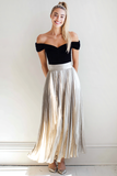 Silver and Black Metallic Pleated Off the Shoulder Maxi Bridesmaid Dress
