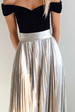 Silver and Black Metallic Pleated Off the Shoulder Maxi Bridesmaid Dress