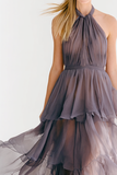 Lilac Ruched Tulle Halter Tiered Maxi Bridesmaid Dress with Ruffles