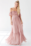 Dusty Rose Pleated Off the Shoulder Maxi Bridesmaid Dress with Ruffles