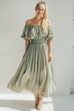 Sage Green Ruched A Line Off the Shoulder Maxi Bridesmaid Dress