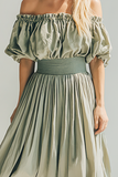 Sage Green Ruched A Line Off the Shoulder Maxi Bridesmaid Dress