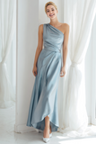 Dusty Blue Ruched Satin Sheath One Shoulder Maxi Bridesmaid Dress
