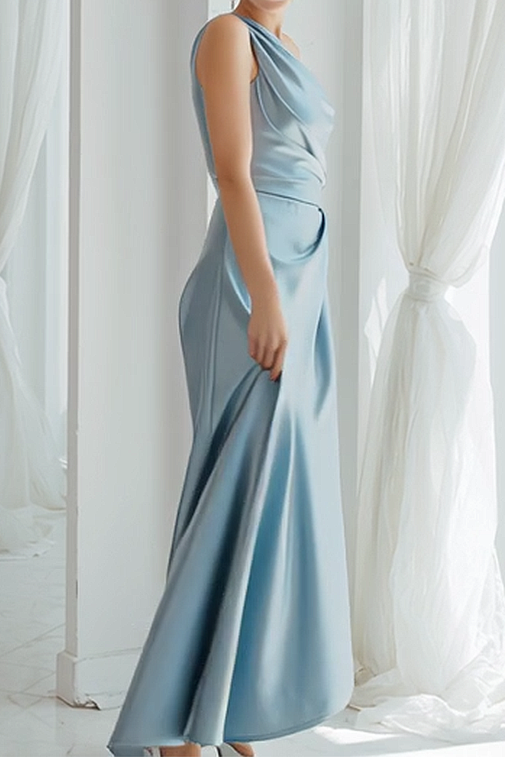 Leely Women Dusty Blue Satin Maxi Bridesmaid Dress Ruched Sheath One Shoulder Wedding Guest Dress leelyuk Leely Women Dusty Blue Satin Maxi Bridesmaid Dress Ruched Sheath One Shoulder Wedding Guest Dress leelyuk