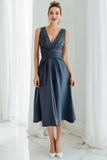 Navy Ruched Satin Beaded V-Neck A Line Midi Bridesmaid Dress
