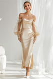 Champagne Strapless Satin Sheath Maxi Bridesmaid Dress with Sleeves