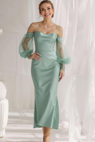 Champagne Strapless Satin Sheath Maxi Bridesmaid Dress with Sleeves