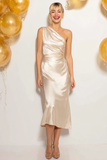 Champagne Ruched Satin Mermaid One Shoulder Midi Bridesmaid Dress