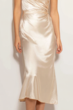Champagne Ruched Satin Mermaid One Shoulder Midi Bridesmaid Dress