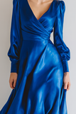 Royal Blue Ruched Satin V-Neck A Line Maxi Bridesmaid Dress with Sleeves