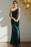 Dark Green Velvet Mermaid One Shoulder Maxi Bridesmaid Dress