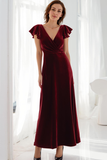 Cabernet Velvet V-Neck A Line Ruched Maxi Bridesmaid Dress with Ruffles