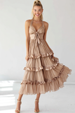 Light Pink Halter Tiered Tulle Ruffled Long Wedding Guest Dress with bow