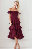 Cabernet Tiered A Line Off the Shoulder Midi Bridesmaid Dress with Ruffles