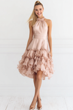Light Pink Ruffled Satin Halter A Line Short Bridesmaid Dress