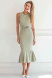 Sage Green Mermaid Satin Ruffled Maxi Bridesmaid Dress with Bow