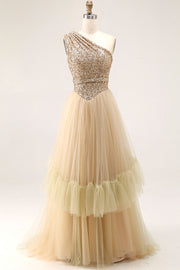 Brown Pleated Tulle A Line Long Wedding Guest Dress with Sequins