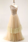 Brown Pleated Tulle A Line Long Wedding Guest Dress with Sequins