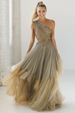Sparkly Brown Pleated Tulle One Shoulder Long Wedding Guest Dress with Sequins