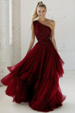 Sparkly Brown Pleated Tulle One Shoulder Long Wedding Guest Dress with Sequins