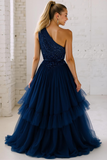 Sparkly Brown Pleated Tulle One Shoulder Long Wedding Guest Dress with Sequins