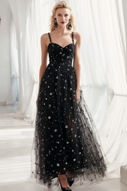 Black White Tulle Spaghetti Straps Snowflake A Line Long Wedding Guest Dress