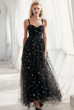 Black White Tulle Spaghetti Straps Snowflake A Line Long Wedding Guest Dress