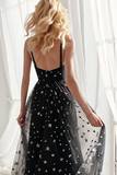 Black White Tulle Spaghetti Straps Snowflake A Line Long Wedding Guest Dress