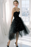 Black White Tulle Spaghetti Straps A Line Midi Wedding Guest Dress