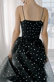 Black White Tulle Spaghetti Straps A Line Midi Wedding Guest Dress