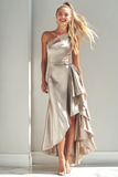 Silver Satin Asymmetrical One Shoulder Bridesmaid Dress with Drape