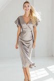 Silver Sheath Satin V-Neck Maxi Bridesmaid Dress with Ruffles