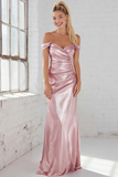 Pink Mermaid Satin Off the Shoulder Maxi Bridesmaid Dress