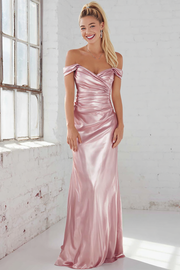Pink Mermaid Satin Off the Shoulder Maxi Bridesmaid Dress
