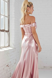 Pink Mermaid Satin Off the Shoulder Maxi Bridesmaid Dress